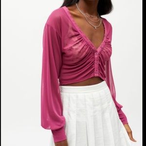 UO Cara Ruched Mesh Crop Button Wine Berry Cardigan